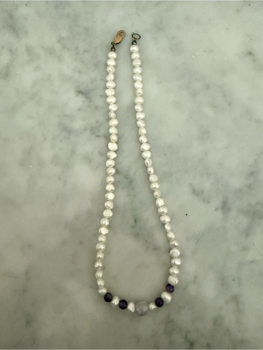 Classic White Pearl Necklace with Purple Accent